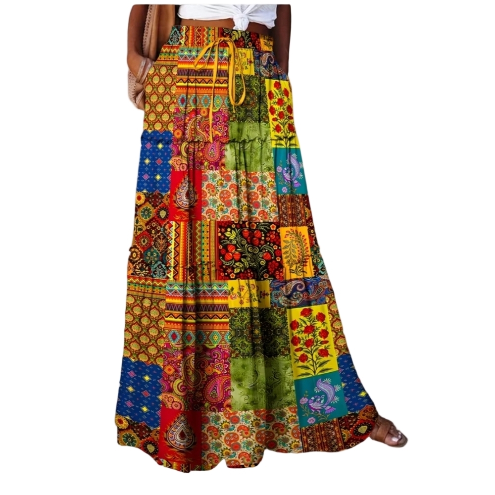Long Maxi Skirt Medium Colorful Patchwork Print Bohemian Style Skirts Outfit